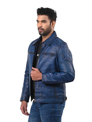 Men’s Blue Leather Jacket with Chest Zip Pockets Left 