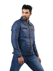 Men’s Blue Leather Jacket with Chest Zip Pockets Right 