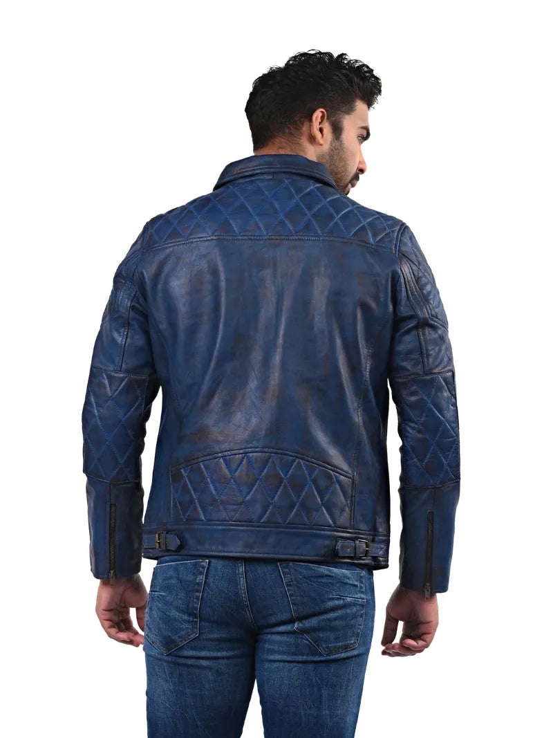 Men’s Blue Leather Jacket with Chest Zip Pockets Back 