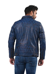 Men’s Blue Leather Jacket with Chest Zip Pockets Back 