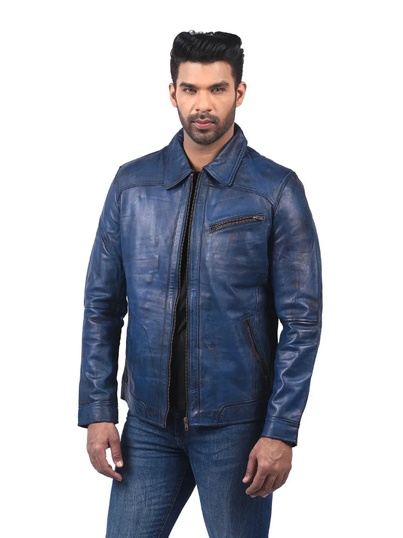 Men’s Blue Leather Jacket with Shirt Collar Left