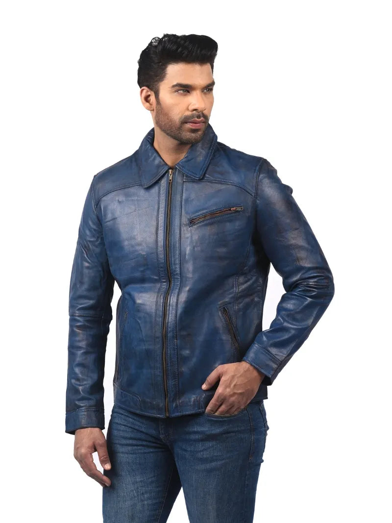 Men’s Blue Leather Jacket with Shirt Collar  Full