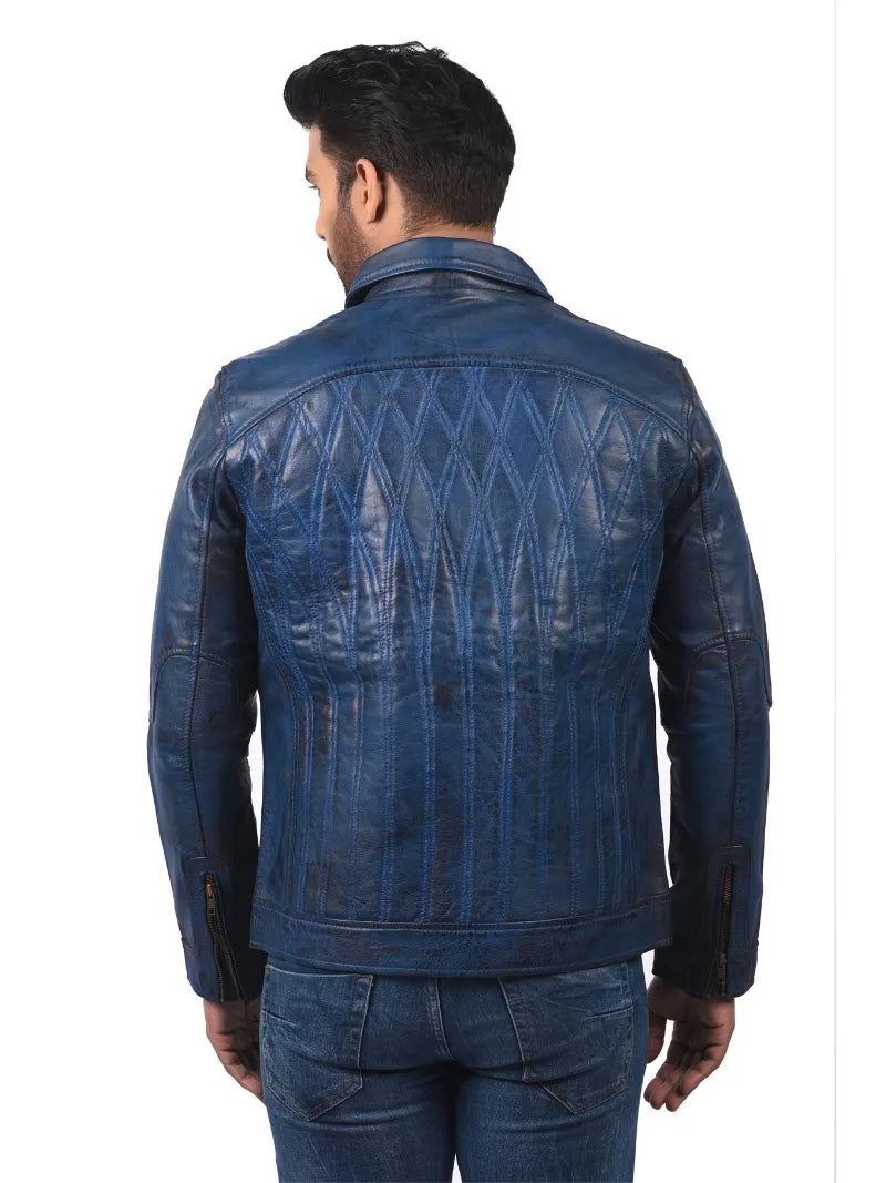 Men’s Blue Leather Jacket with Shirt Collar Back