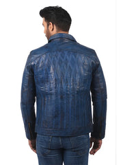 Men’s Blue Leather Jacket with Shirt Collar Back