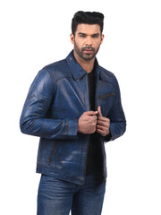 Men’s Blue Leather Jacket with Shirt Collar Right