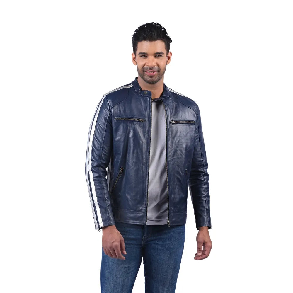Men’s Blue Leather Stripe Jacket