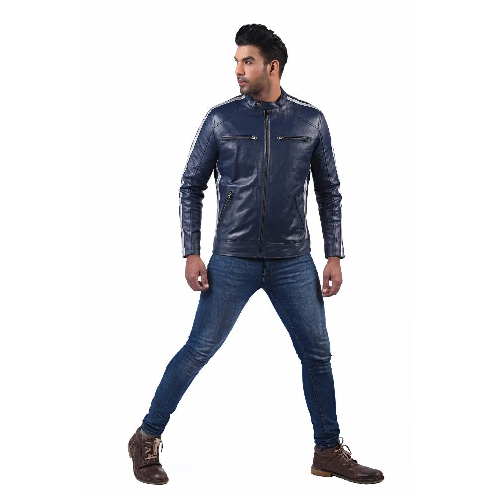 Men’s Blue Leather Stripe Jacket