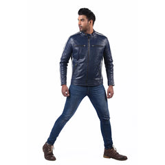 Men’s Blue Leather Stripe Jacket