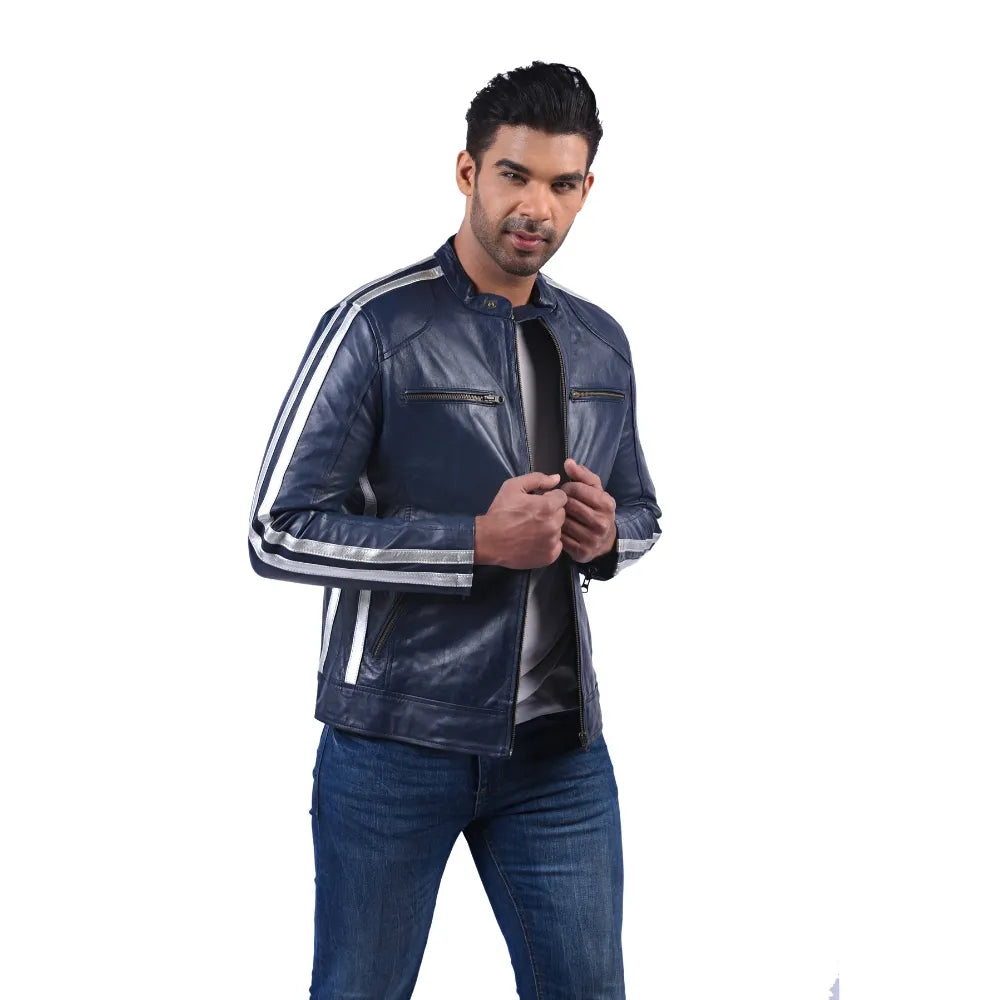 Men’s Blue Leather Stripe Jacket