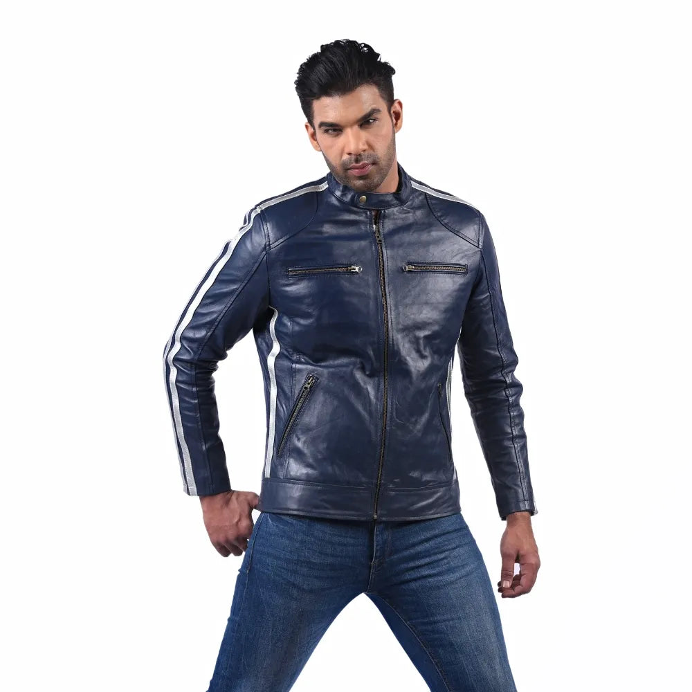 Men’s Blue Leather Stripe Jacket