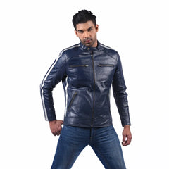 Men’s Blue Leather Stripe Jacket