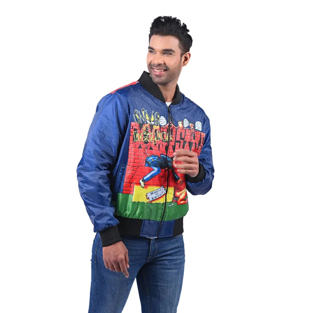 Men’s Blue Polyester Graphic Bomber Jacket