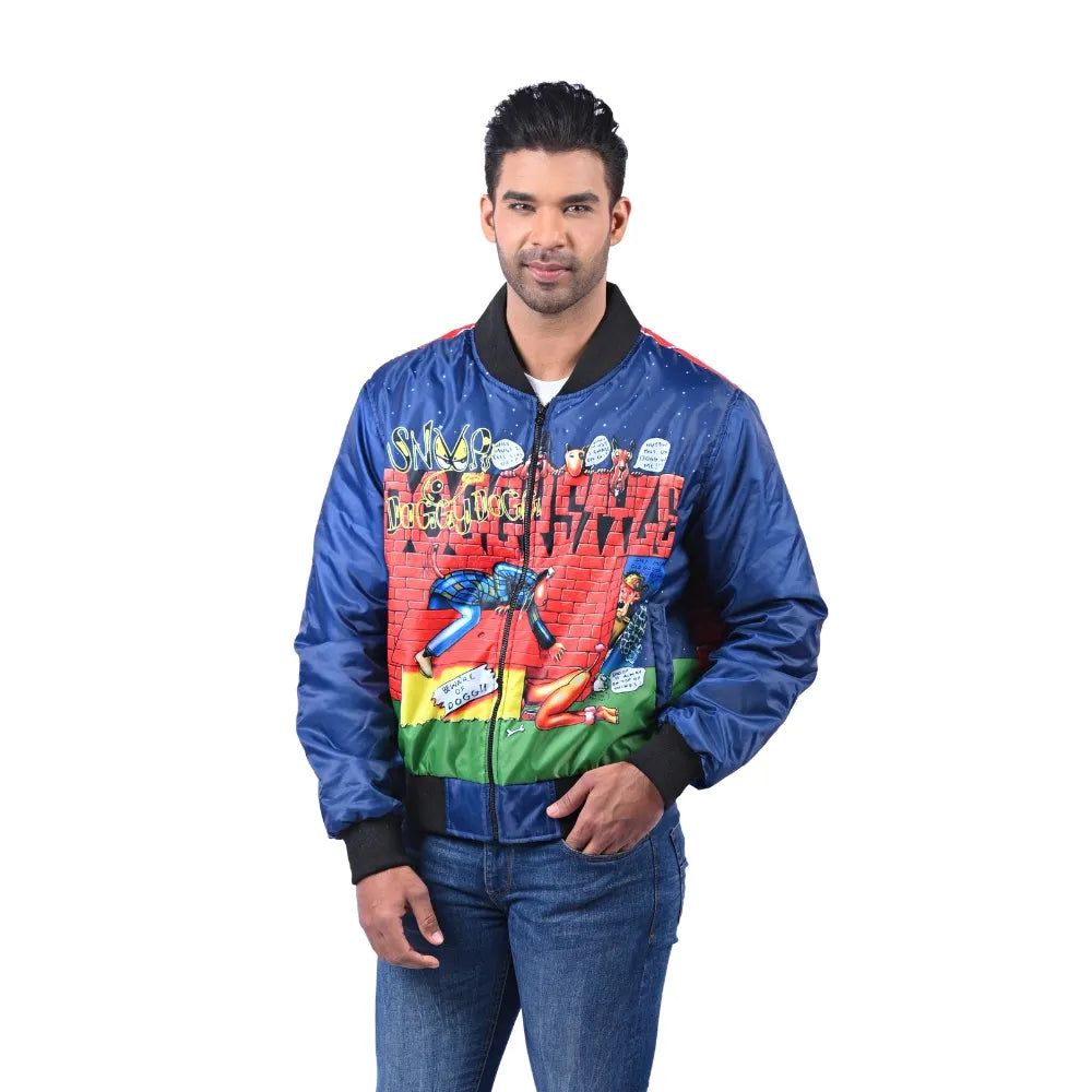 Men’s Blue Polyester Graphic Bomber Jacket