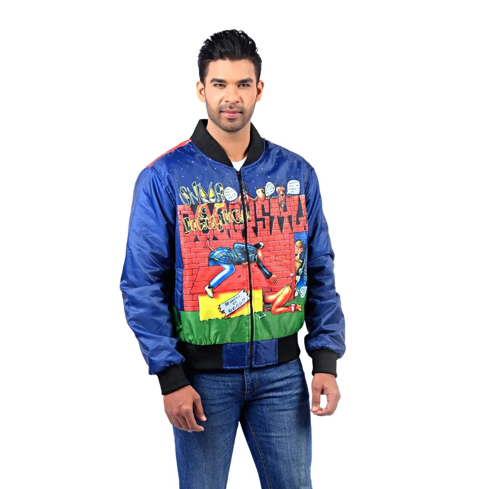 Men’s Blue Polyester Graphic Bomber Jacket
