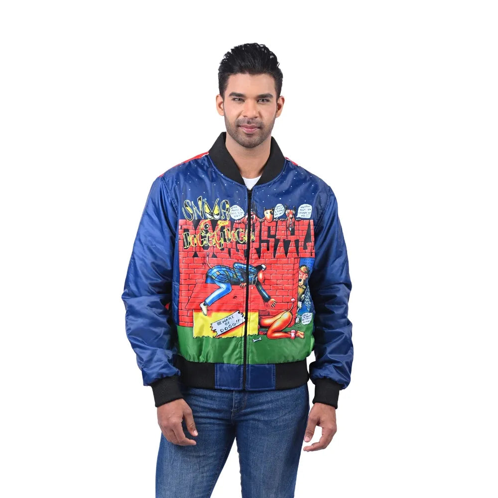 Men’s Blue Polyester Graphic Bomber Jacket