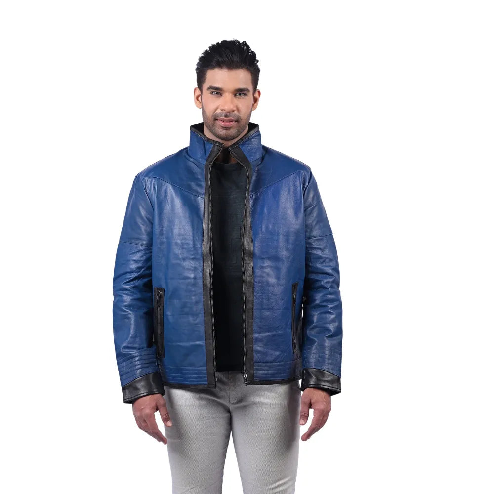 Men’s Blue Real Leather Zip Jacket