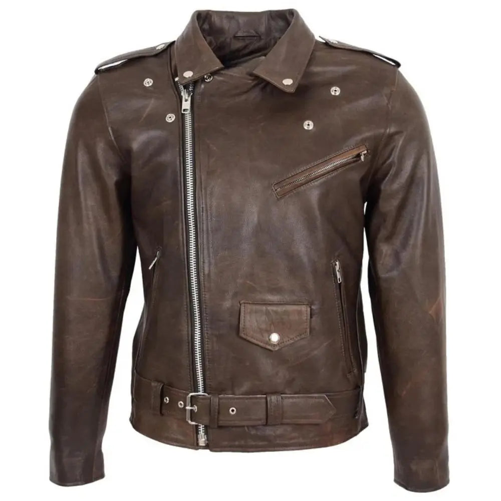Men’s Brown Belted Brando Leather Biker Jacket 