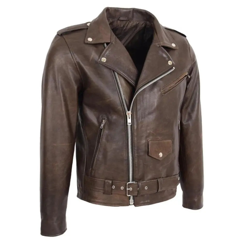 Men’s Brown Belted Brando Leather Biker Jacket 