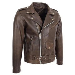 Men’s Brown Belted Brando Leather Biker Jacket 