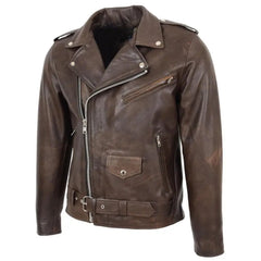 Men’s Brown Belted Brando Leather Biker Jacket 