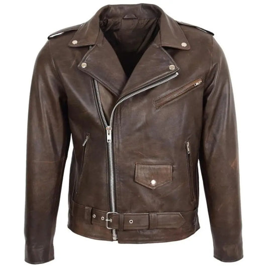 Men’s Brown Belted Brando Leather Biker Jacket 