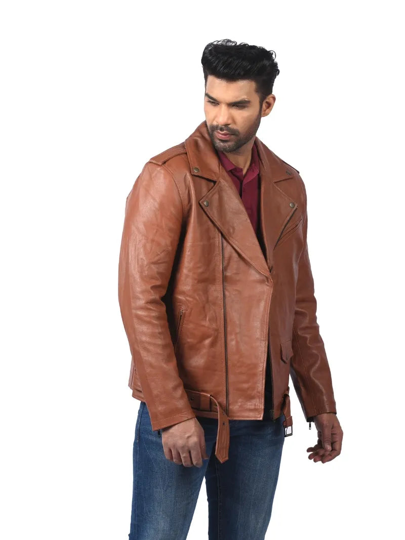 Men’s Brown Belted Leather Jacket Full