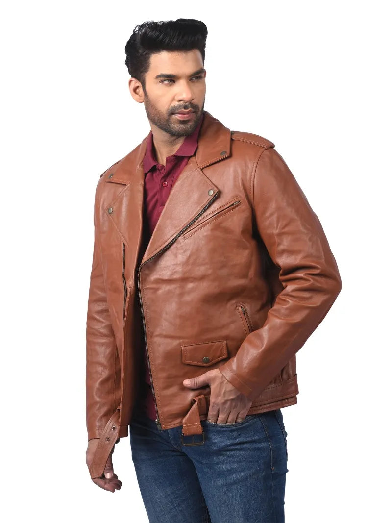 Men’s Brown Belted Leather Jacket Left