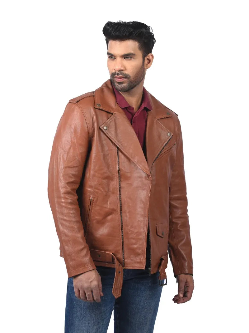 Men’s Brown Belted Leather Jacket Right