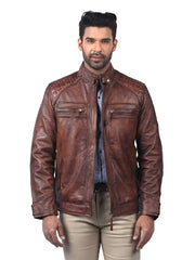 Men’s Brown Quilted Leather Jacket Front