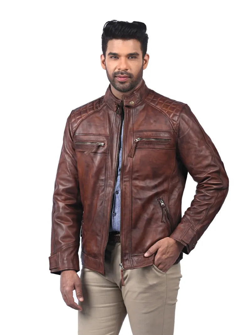 Men’s Brown Quilted Leather Jacket Full