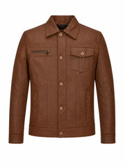 Men’s Brown Button-Up Leather Jacket Front 