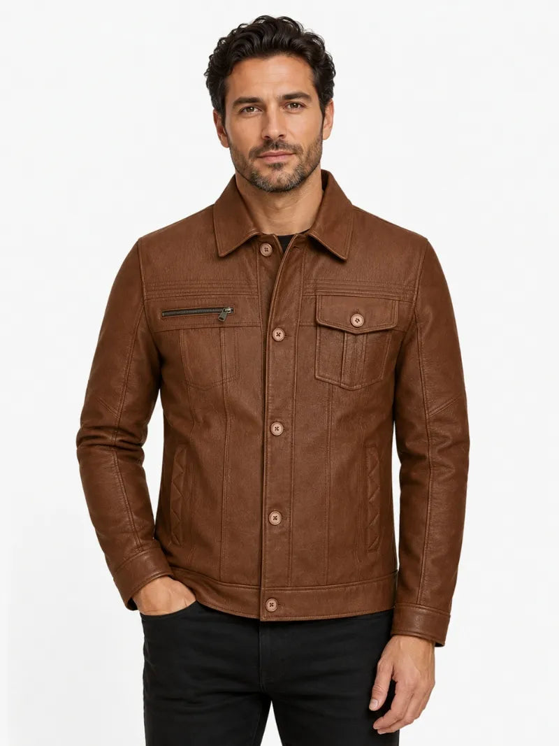 Men’s Brown Button-Up Leather Jacket Full
