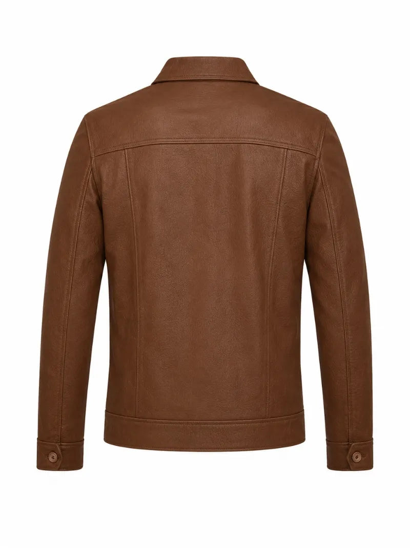 Men’s Brown Button-Up Leather Jacket Back 