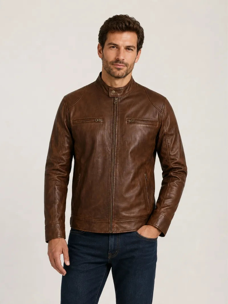 Men’s Brown Casual Leather Jacket Full