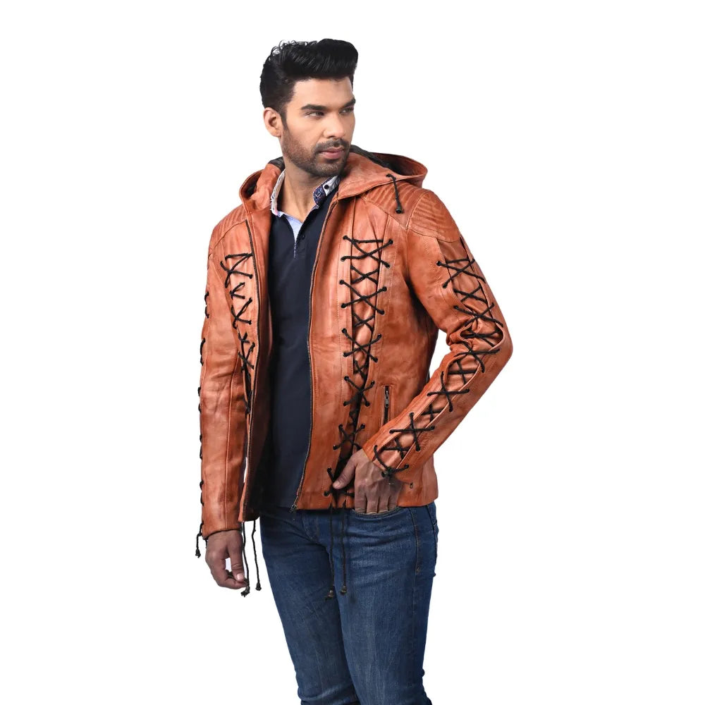 Men’s Brown Crosslace Leather Jacket