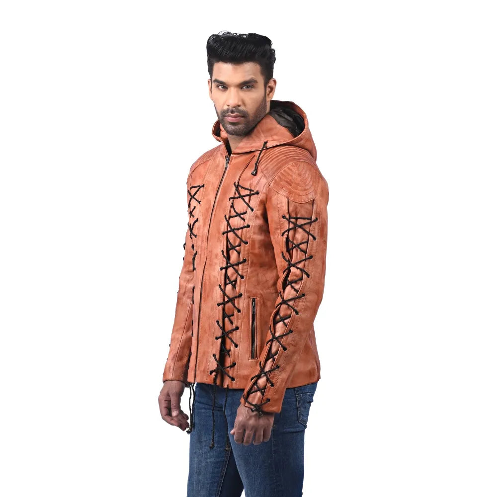 Men’s Brown Crosslace Leather Jacket