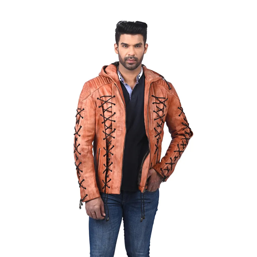 Men’s Brown Crosslace Leather Jacket