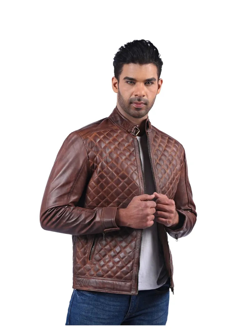 Men’s Brown Diamond Quilted Leather Jacket Right 