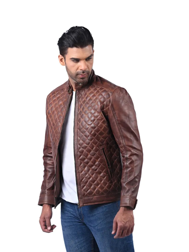 Men’s Brown Diamond Quilted Leather Jacket Left