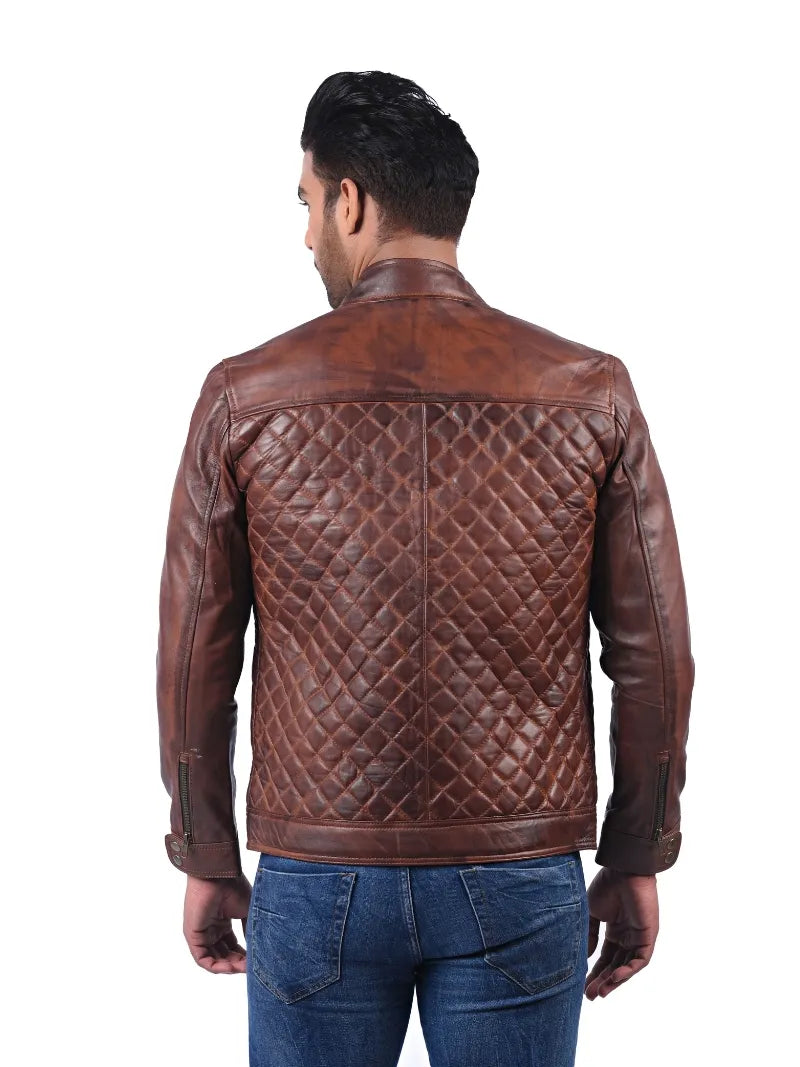 Men’s Brown Diamond Quilted Leather Jacket Back