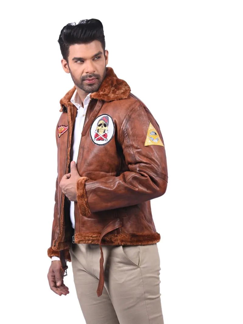 Men’s Brown Fur Collar Leather Jacket Left 