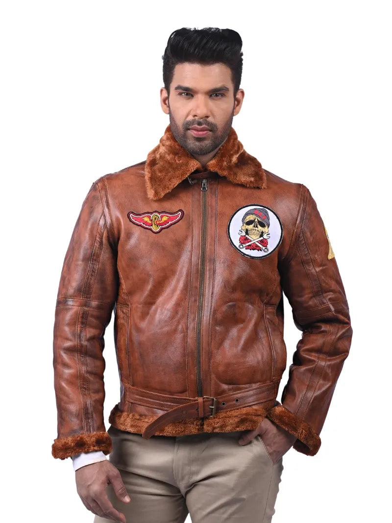 Men’s Brown Fur Collar Leather Jacket Full 