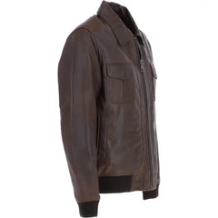 Men's Brown Genuine Leather Bomber Jacket