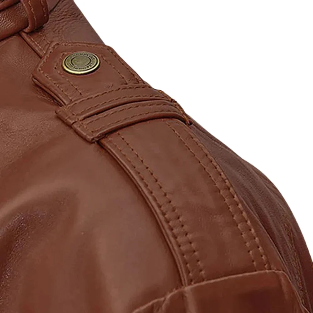 Men’s Brown High-Collar Leather Jacket with Flap Pockets
