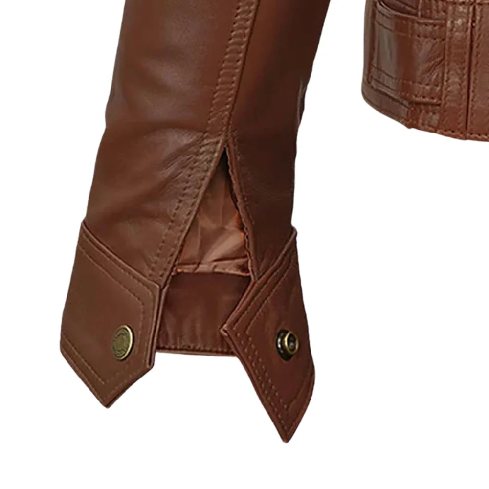 Men’s Brown High-Collar Leather Jacket with Flap Pockets