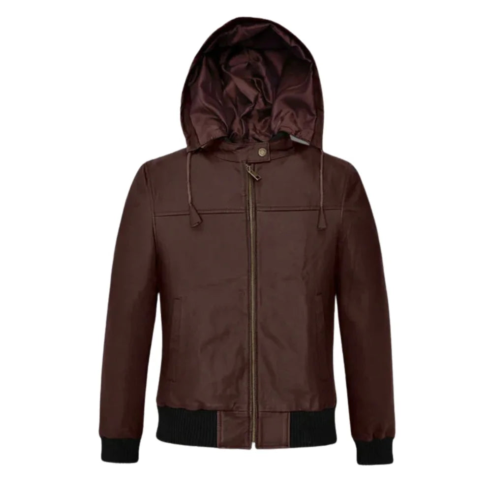 Men’s Brown Hooded Leather Bomber Jacket