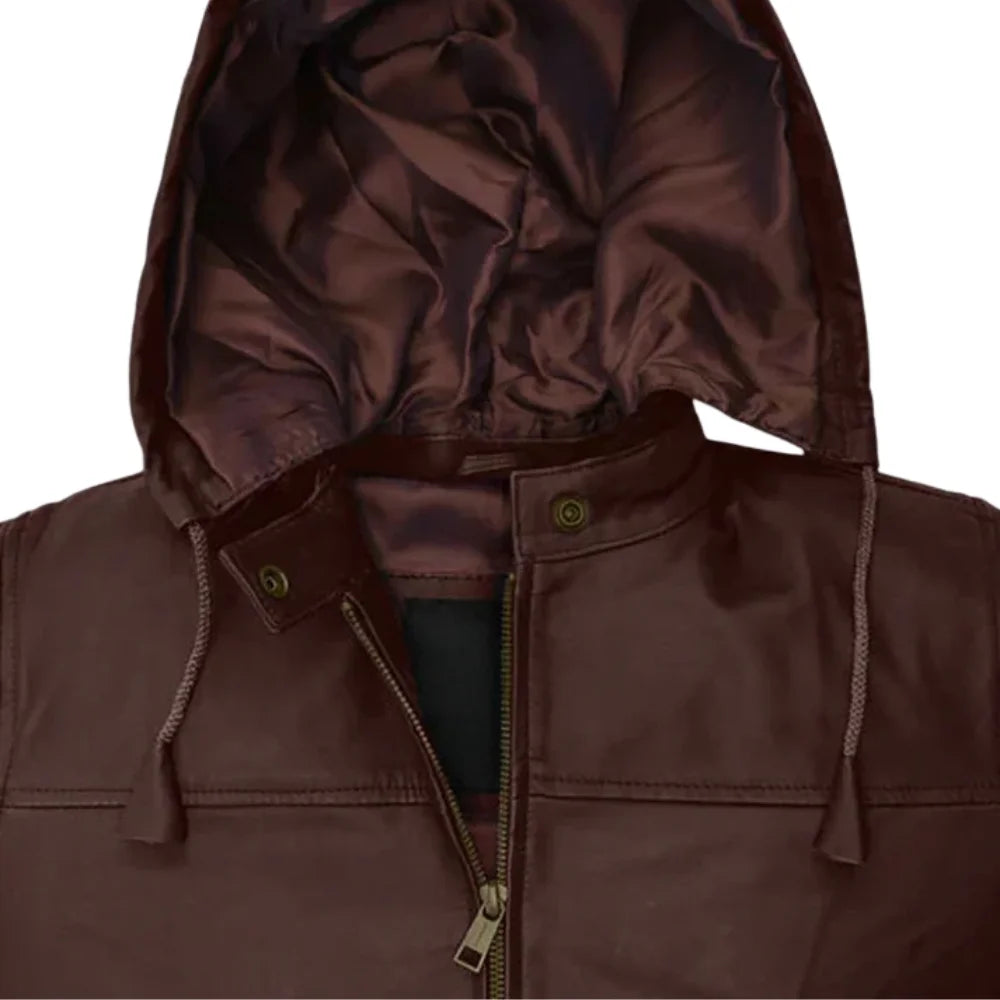 Men’s Brown Hooded Leather Bomber Jacket