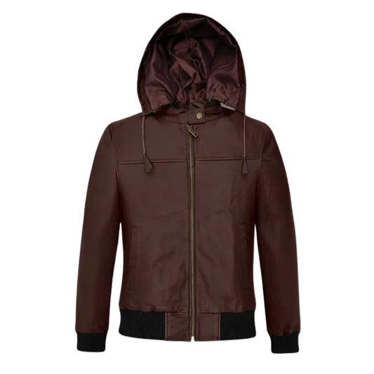 Men’s Brown Hooded Leather Bomber Jacket