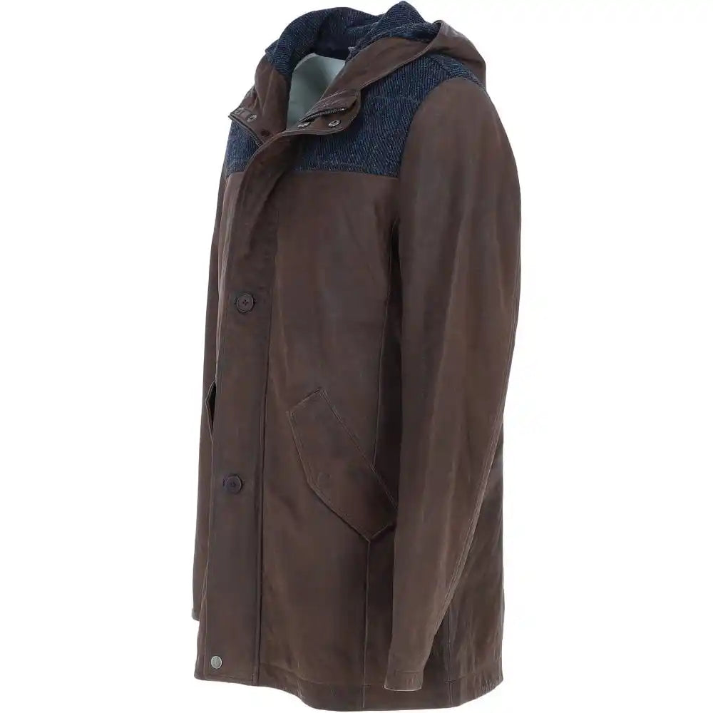 Men's Brown Hooded Leather Jacket with Navy Plaid Accents