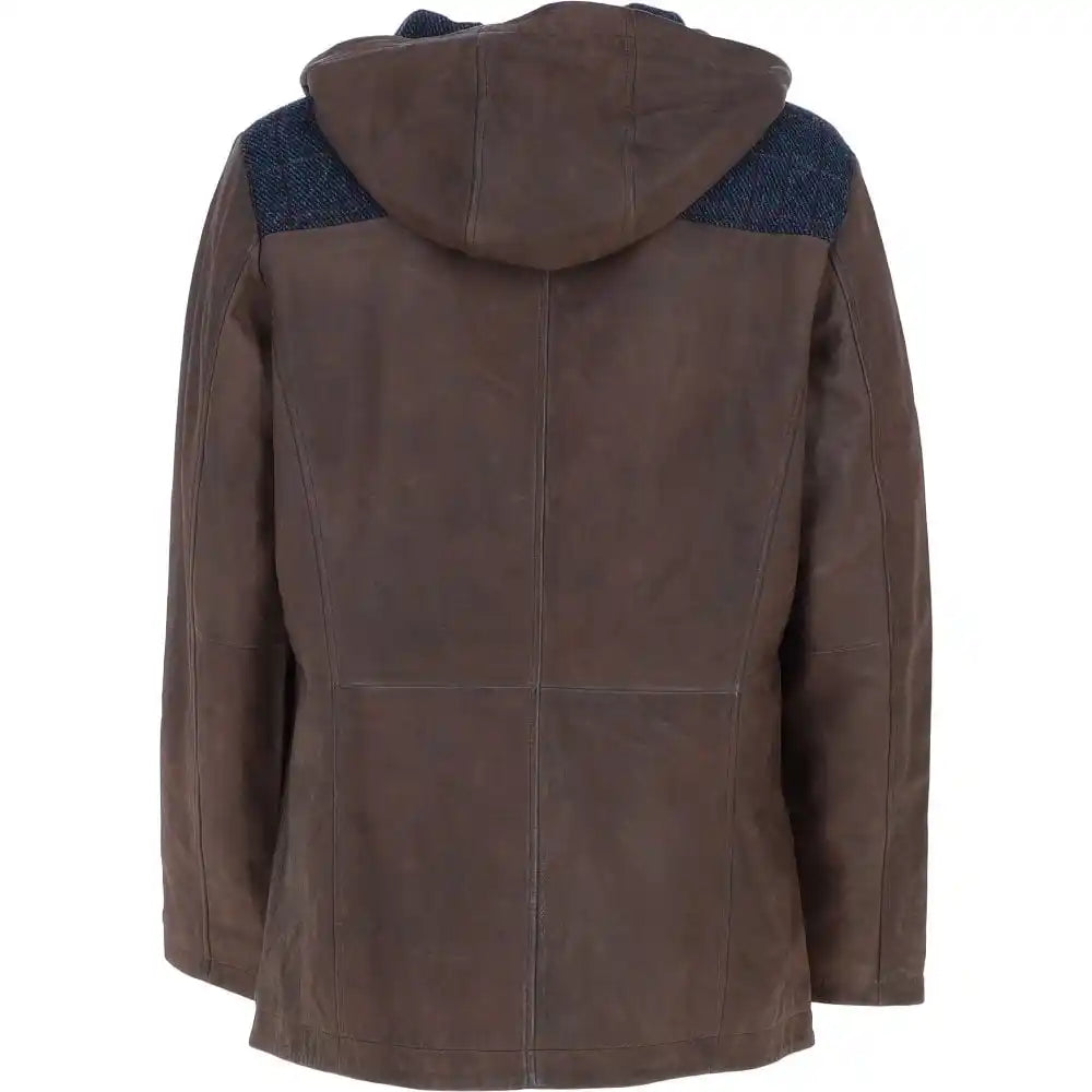 Men's Brown Hooded Leather Jacket with Navy Plaid Accents